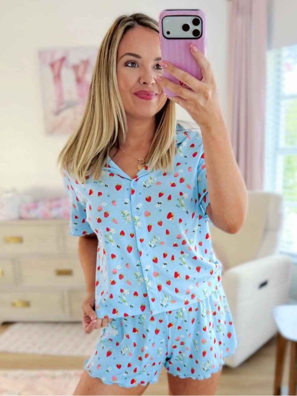 wild fable Blue Strawberry Print Cotton Blend Short Sleeve Shorts PJ Set
